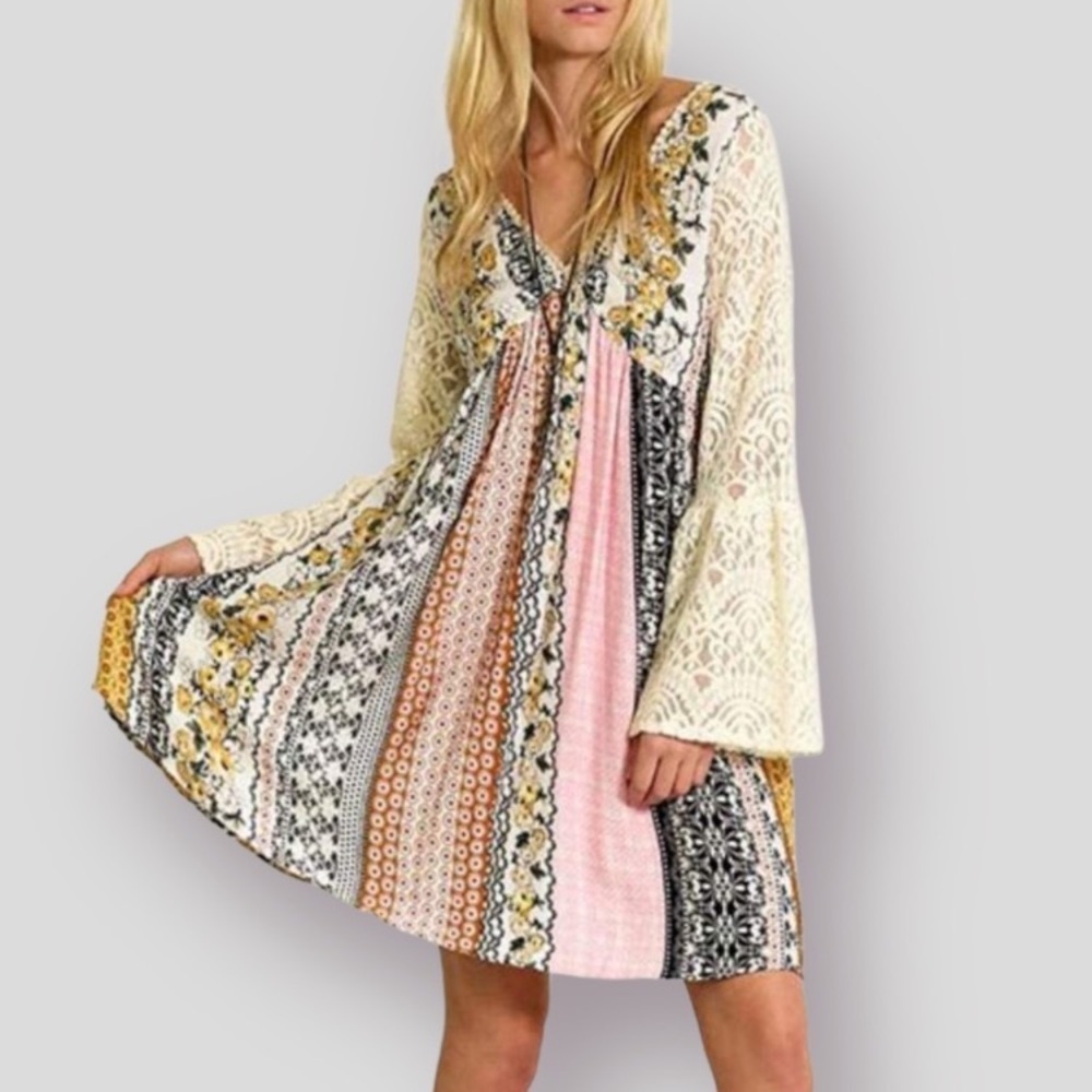 Kori patchwork boho lace bell sleeve dress size S